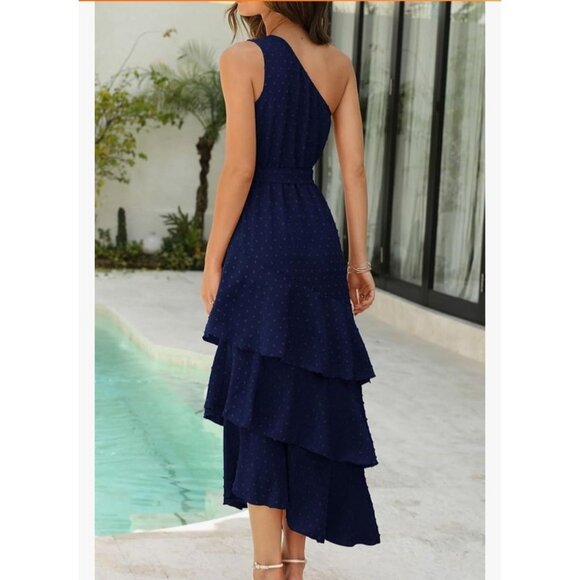 PRETTY GARDEN Womens Swiss Dot Navy One Shoulder Tiered Ruffle Midi Dress Size M - Picture 2 of 12